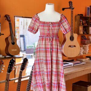 Red Plaid Smocked Puff Sleeve Tie Front Cottagecore Midi Dress